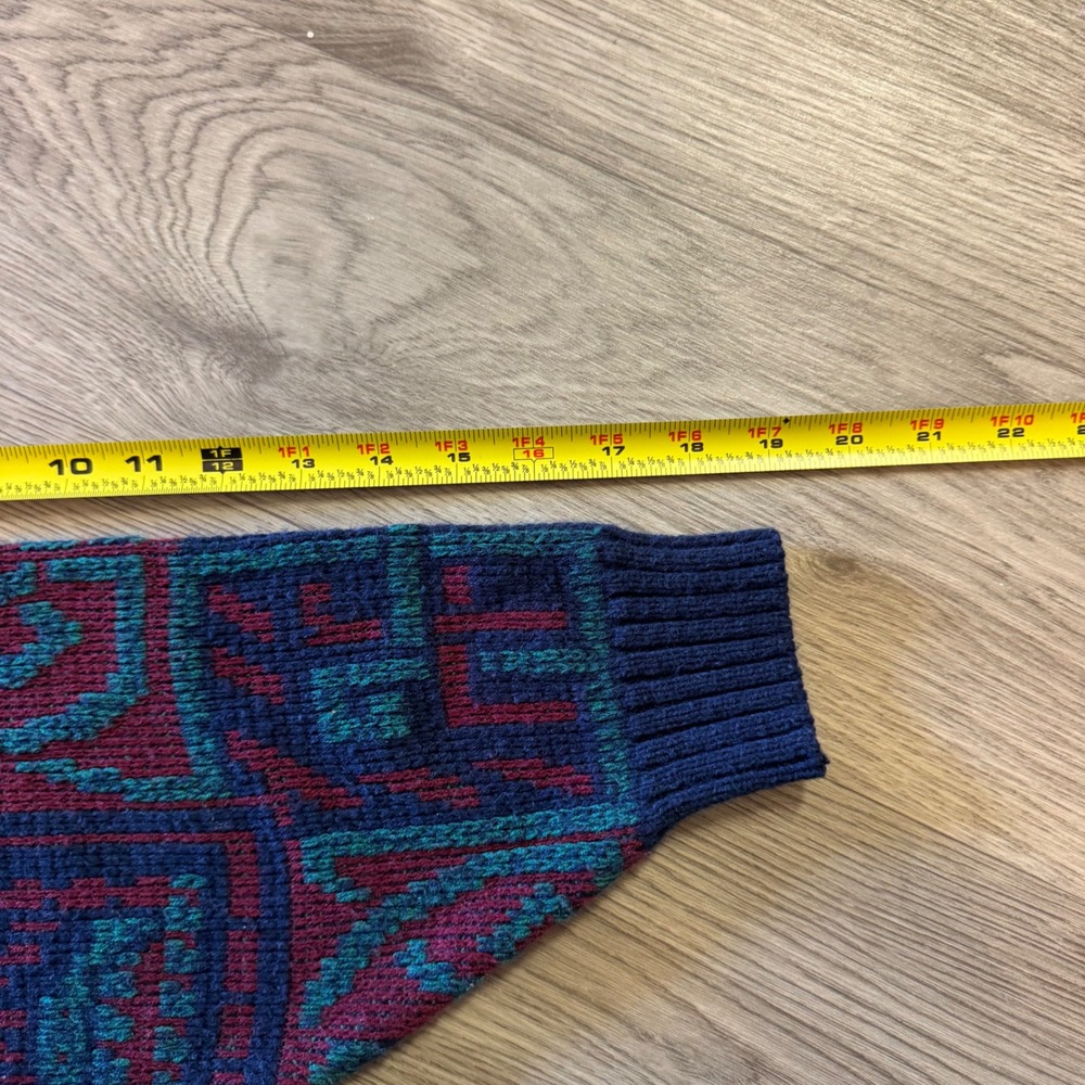 Vintage 90s Tribal Geometric Knit Sweater Navy Blue Burgundy Teal Large - Picture 5 of 6